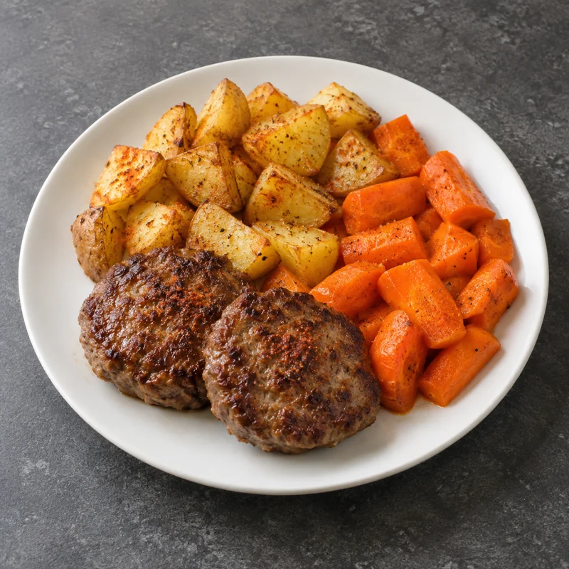Beef Burgers, Potatoes & Carrots